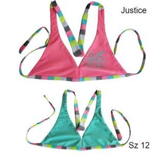 Justice Girls Bikini PINK Reversible Blue Bikini Top Swimwear Size 12 NWOT Clear